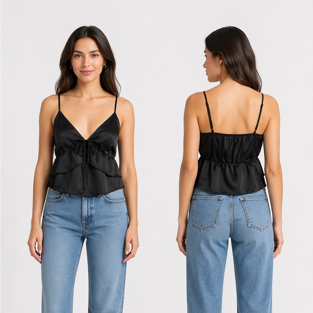 Day + Moon Black Satin Strappy Camisole Vneck Ruffle Tank Top Sexy S Small